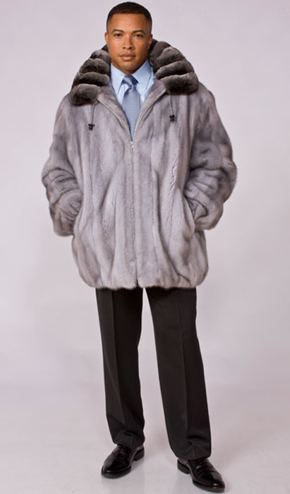 Sapphire mink jacket with detachable hood and chinchilla collar